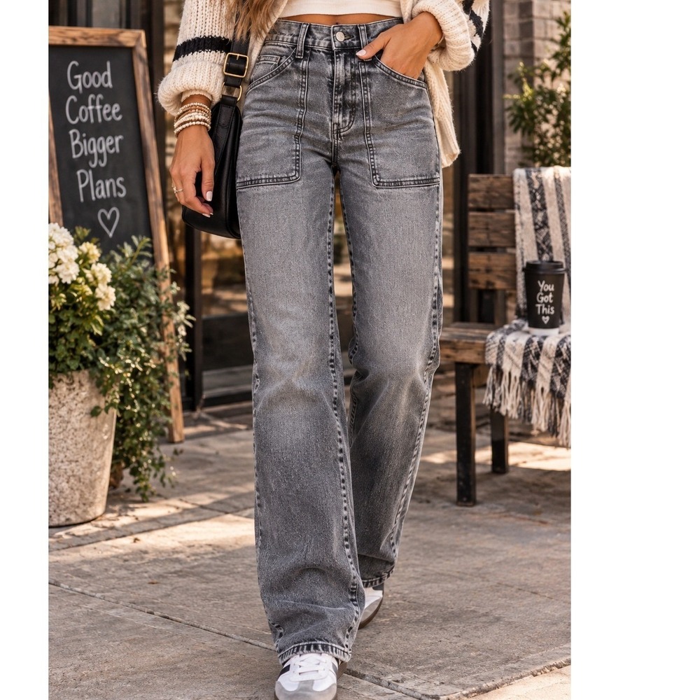 Madwell Womens High Rise Straight Leg Utility Jeans Washed Black Front Pockets